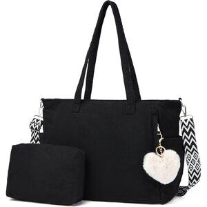 Women Black Corduroy With Polyester Fiber Lining Shoulder Handbag with Pouch